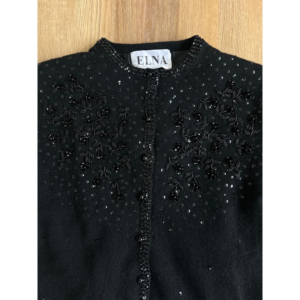 ELNA Vintage Beaded Sequin Cardigan Black Lambswool Angora Sweater Size 42 - Picture 2 of 6